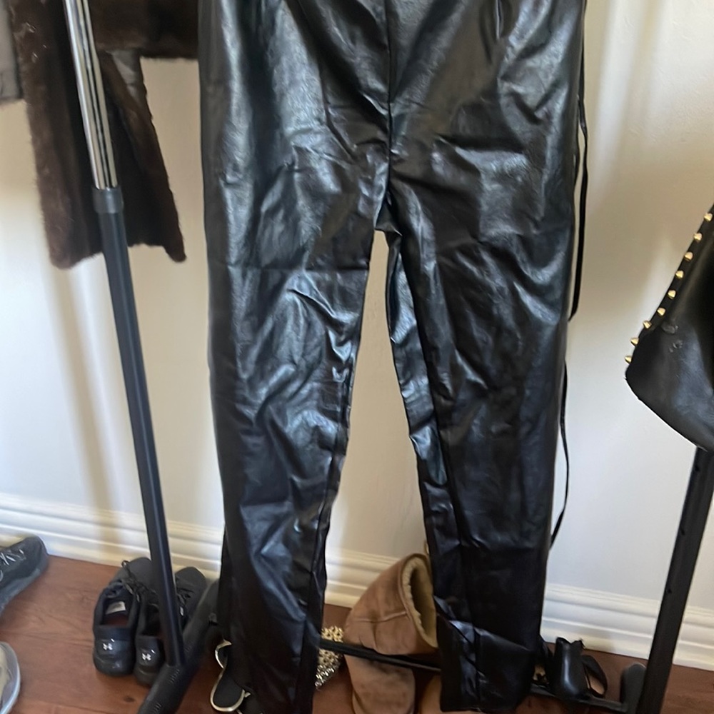 Black wide leather pants
